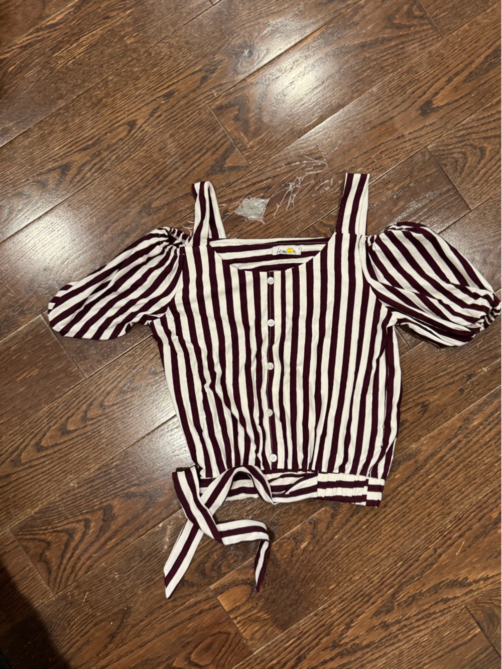 Striped Tie-Front Puff Sleeve Top in Burgundy and White